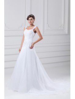 Organza Straps Sweep Train A-line Embroidered Wedding Dress