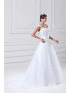 Organza Straps Sweep Train A-line Embroidered Wedding Dress