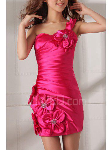 Satin One Shoulder Short Sheath Cocktail Dress with Handmade Flowers