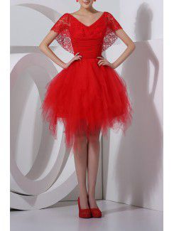 Dentelle et organza v-cou boule robe de cocktail courte robe