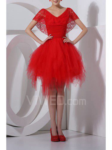 Dentelle et organza v-cou boule robe de cocktail courte robe