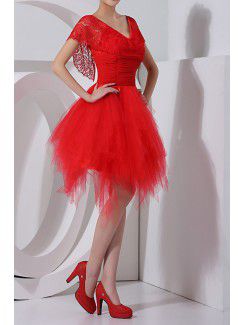 Lace and Organza V-neck Short Ball Gown Cocktail Dress