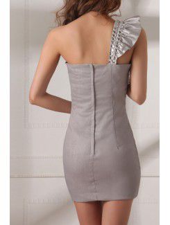 Satin One Shoulder Short Sheath Cocktail Dress with Crystal