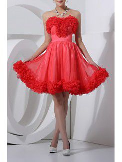 Satin scoop kurzen ballkleid cocktailkleid mit handgefertigten blumen