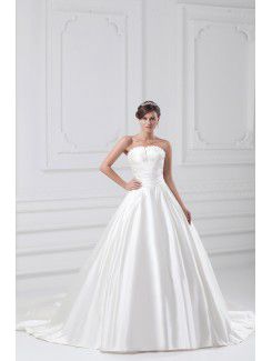 Satin Scallop Sweep Train A-line Directionally Ruched Wedding Dress