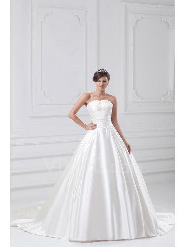 Satin Scallop Sweep Train A-line Directionally Ruched Wedding Dress