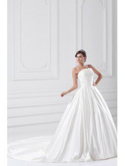 Satin Scallop Sweep Train A-line Directionally Ruched Wedding Dress