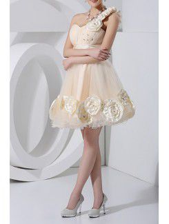 Tulle One Shoulder Short Ball Gown Cocktail Dress with Handmade Flowers