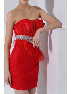 Satin and Lace Strapless Short Sheath Cocktail Dress with Crystal