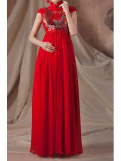 Satin stehkragen bodenlange empire abendkleid mit gesticktem