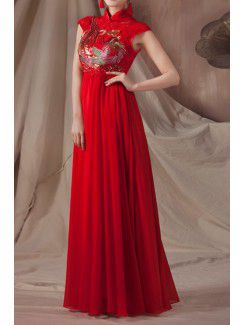 Satin High Collar Floor Length Empire Prom Dress with Embroidered