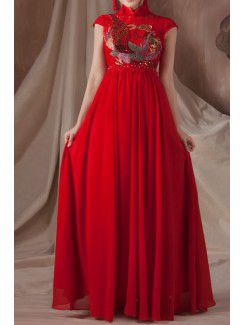 Satin High Collar Floor Length Empire Prom Dress with Embroidered