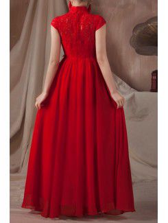 Satin High Collar Floor Length Empire Prom Dress with Embroidered