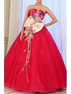 Tulle Strapless Floor Length Ball Gown Prom Dress with Handmade Flowers