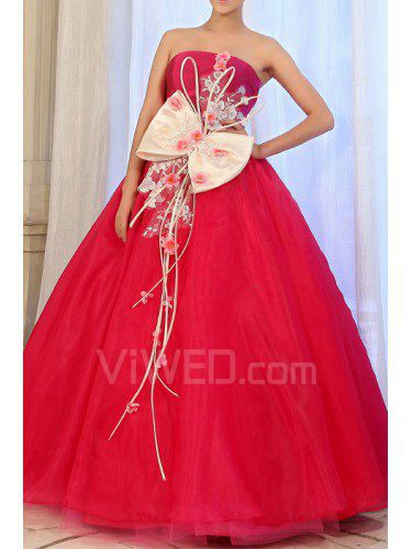 Tulle Strapless Floor Length Ball Gown Prom Dress with Handmade Flowers