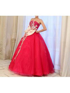 Tulle Strapless Floor Length Ball Gown Prom Dress with Handmade Flowers