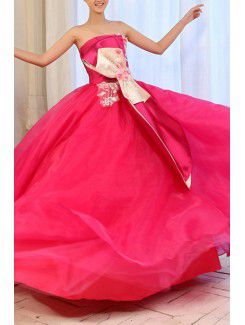 Tulle Strapless Floor Length Ball Gown Prom Dress with Handmade Flowers