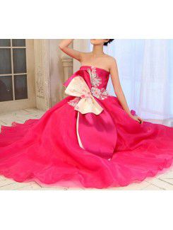 Tulle Strapless Floor Length Ball Gown Prom Dress with Handmade Flowers