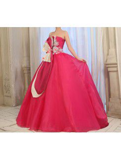 Tulle Strapless Floor Length Ball Gown Prom Dress with Handmade Flowers