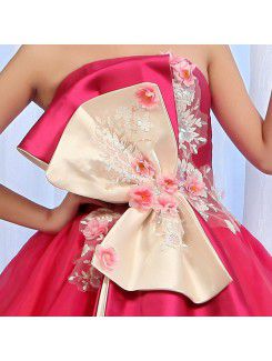 Tulle Strapless Floor Length Ball Gown Prom Dress with Handmade Flowers