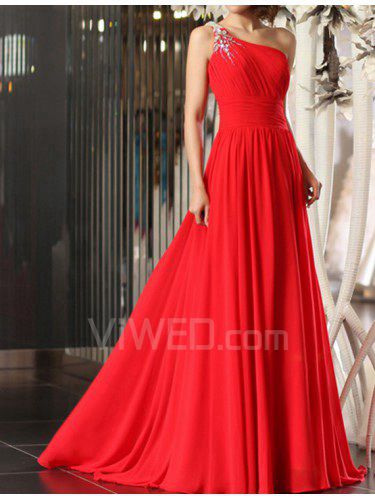 Chiffon One Shoulder Sweep Train Corset Prom Dress with Crystal