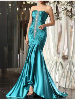 Satin Scoop Sweep Train Mermaid Prom Dress with Sequins