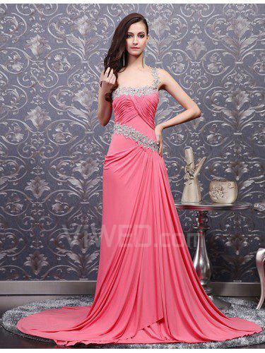 Chiffon One Shoulder Cathedral Train Empire Prom Dress with Crystal