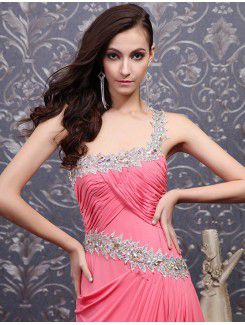 Chiffon One Shoulder Cathedral Train Empire Prom Dress with Crystal