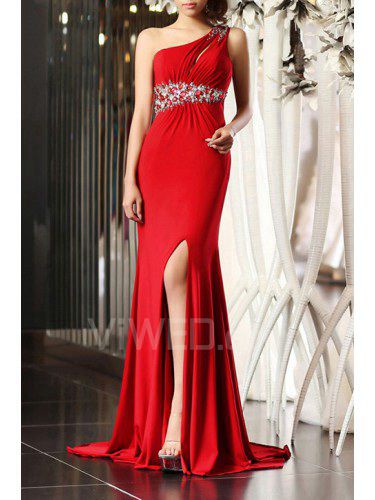 Charmeuse One Shoulder Sweep Train Empire Prom Dress with Crystal