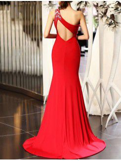 Charmeuse One Shoulder Sweep Train Empire Prom Dress with Crystal