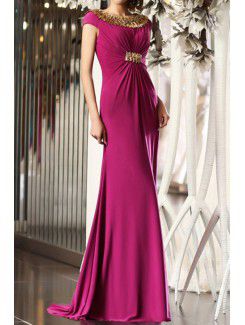 Charmeuse Jewel Sweep Train Sheath Prom Dress with Crystal