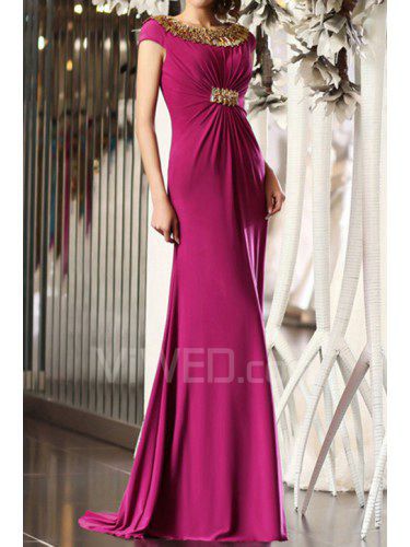 Charmeuse Jewel Sweep Train Sheath Prom Dress with Crystal