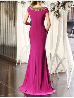 Charmeuse Jewel Sweep Train Sheath Prom Dress with Crystal