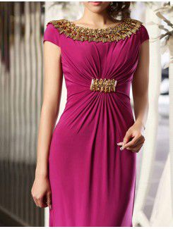 Charmeuse Jewel Sweep Train Sheath Prom Dress with Crystal