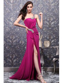 Charmeuse One Shoulder Sweep Train Sheath Prom Dress with Beading