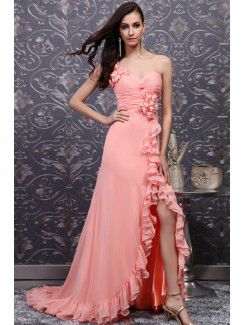 Chiffon One Shoulder Sweep Train A-line Prom Dress with Handmade Flowers