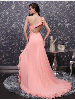 Chiffon One Shoulder Sweep Train A-line Prom Dress with Handmade Flowers