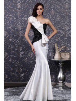 Satin One Shoulder Floor Length Mermaid Prom Dress with Handmade Flowers