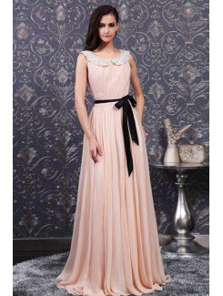 Chiffon Jewel Sweep Train A-line Prom Dress with Beading