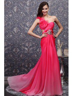 Chiffon One Shoulder Sweep Train Sheath Prom Dress with Crystal