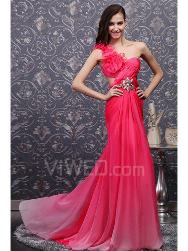 Chiffon One Shoulder Sweep Train Sheath Prom Dress with Crystal