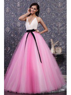 Satin and Tulle Spaghetti Floor Length Ball Gown Prom Dress