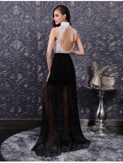 Lace High Collar Sweep Train Corset Prom Dress