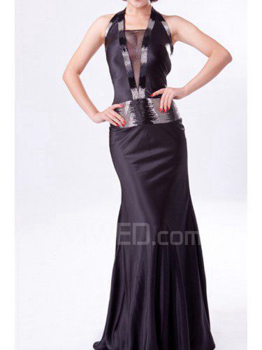 Charmeuse Halter Floor Length Sheath Prom Dress with Sequins