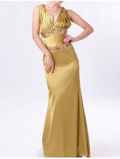 Satin V-neck Sweep Train Empire Prom Dress with Crystal