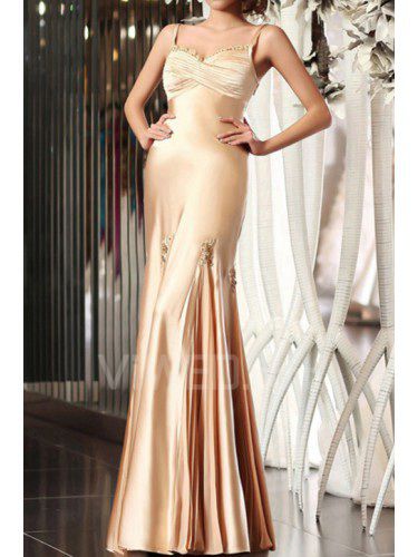 Satin Spaghetti Floor Length Sheath Prom Dress with Pearls