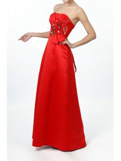 Satin Strapless Floor Length A-line Prom Dress with Embroidered