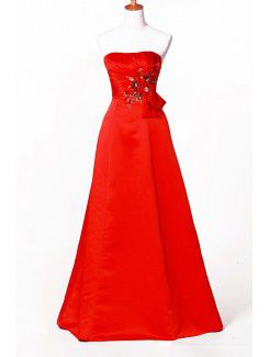 Satin Strapless Floor Length A-line Prom Dress with Embroidered