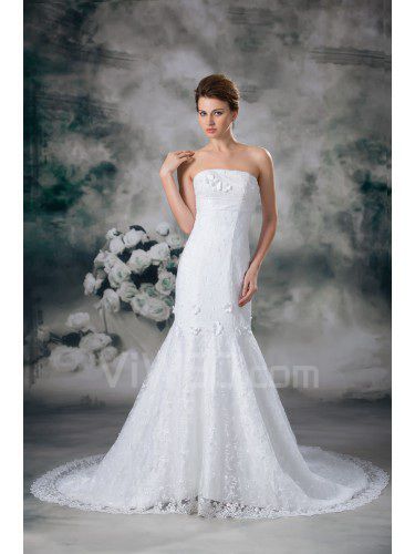 Lace Strapless Sweep Train Sheath Embroidered Wedding Dress