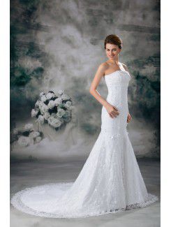 Lace Strapless Sweep Train Sheath Embroidered Wedding Dress